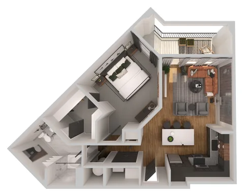 A2 one bedroom floor plan, 829 square feet